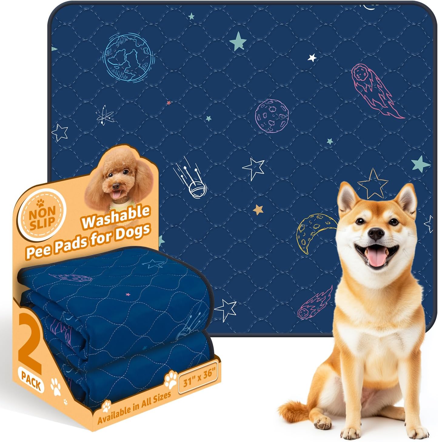 LOOBANI Pee Pads for Dogs Washable: Reusable Dog Pee Pads for Small Pet, 2 Pack Waterproof Puppy Whelping Pads 31" x 36", Non-Slip Potty Training Mat for Dog Playpen, Floor, Cage, Sofa, Crate, Blue