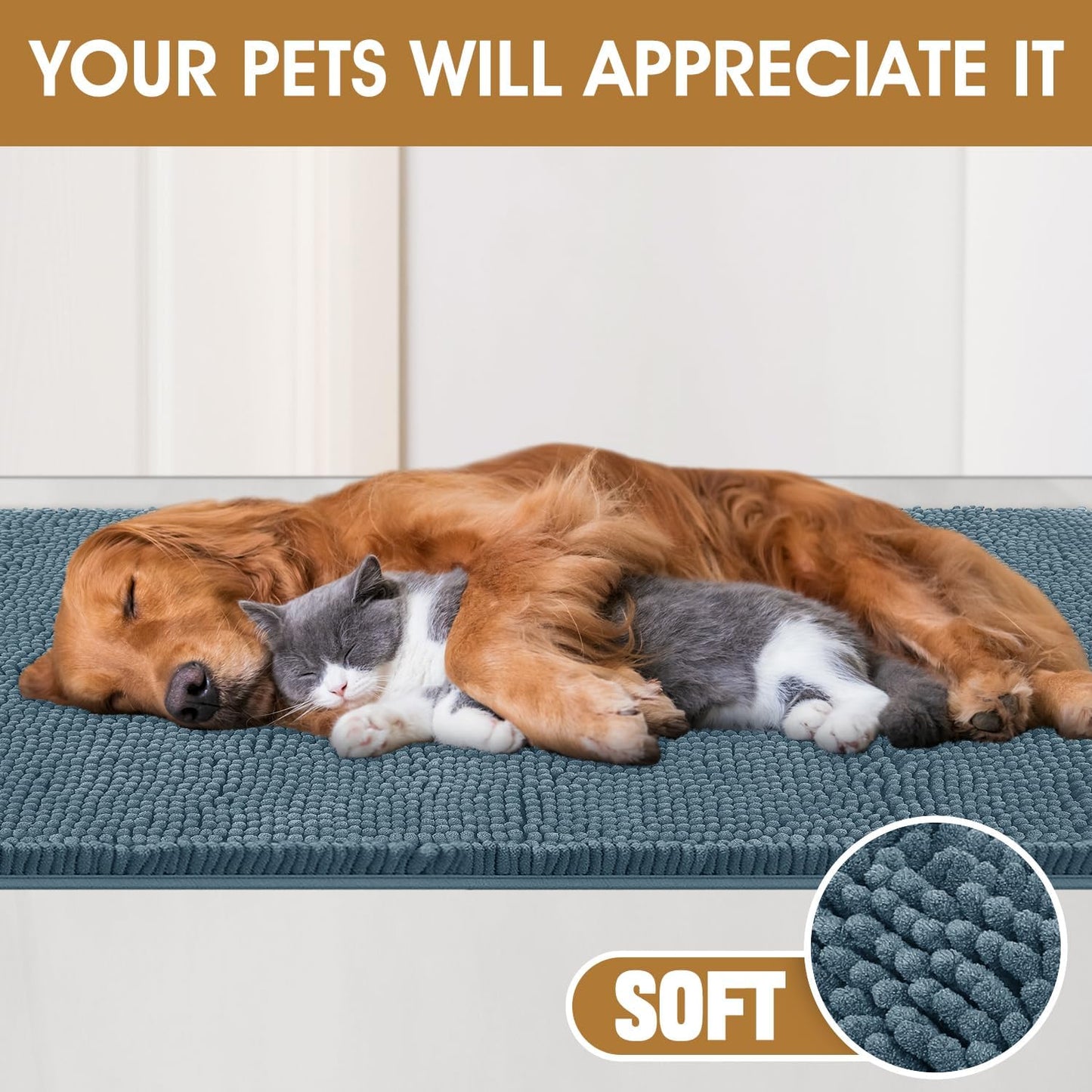 Dog Door Mats for Muddy Paws, Chenille Absorbent Door Mats, Non Slip Heavy Mud Mat for Dogs, Soft Indoor Door Mat for Entryway, Mud Paws, Inside Floor,30" X 20", Dusty Blue