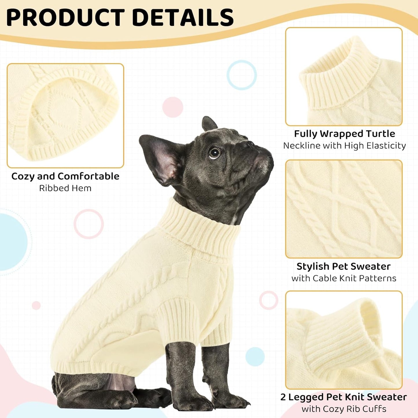 Queenmore Small Dog Pullover Sweater, Cold Weather Cable Knitwear, Classic Turtleneck Thick Warm Clothes for Chihuahua, Bulldog, Dachshund, Pug (White, X-Large)
