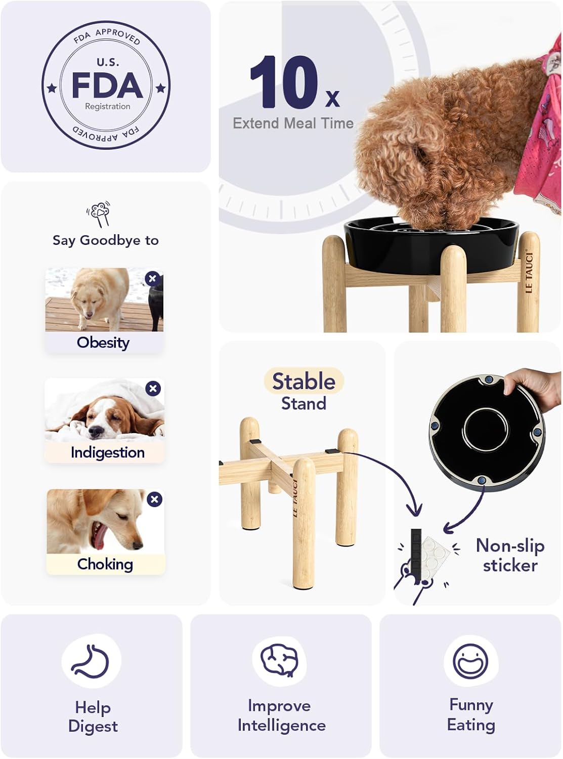 LE TAUCI Ceramic Slow Feeder Dog Bowls Elevated, 3 Cup Raised Bowl with Wooden Stand for Medium Large Breed, Slow Down Eating, Puzzle Dog Food Bowl,Skull Black