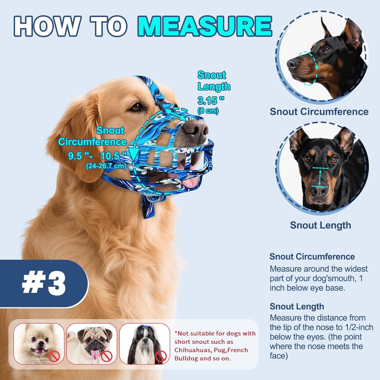 Basket Muzzle to Prevent Biting, Dog Muzzle for Large Medium Small Dogs Allows Panting Drinking Anti Chewing, Perfect for Grooming Trimming Training and Aggressive Reactive Dogs (Blue, Size 3)