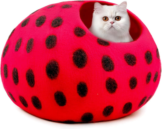 Woolygon Premium Felt Cat Cave Bed - Polka Dot Series - Wool Kitty Beds Handcrafted Kitten Caves Bed for Indoor Cats - Eco-Friendly Merino Wool, Foldable Cat Hideaway Cat Houses (Red/Black Dots)