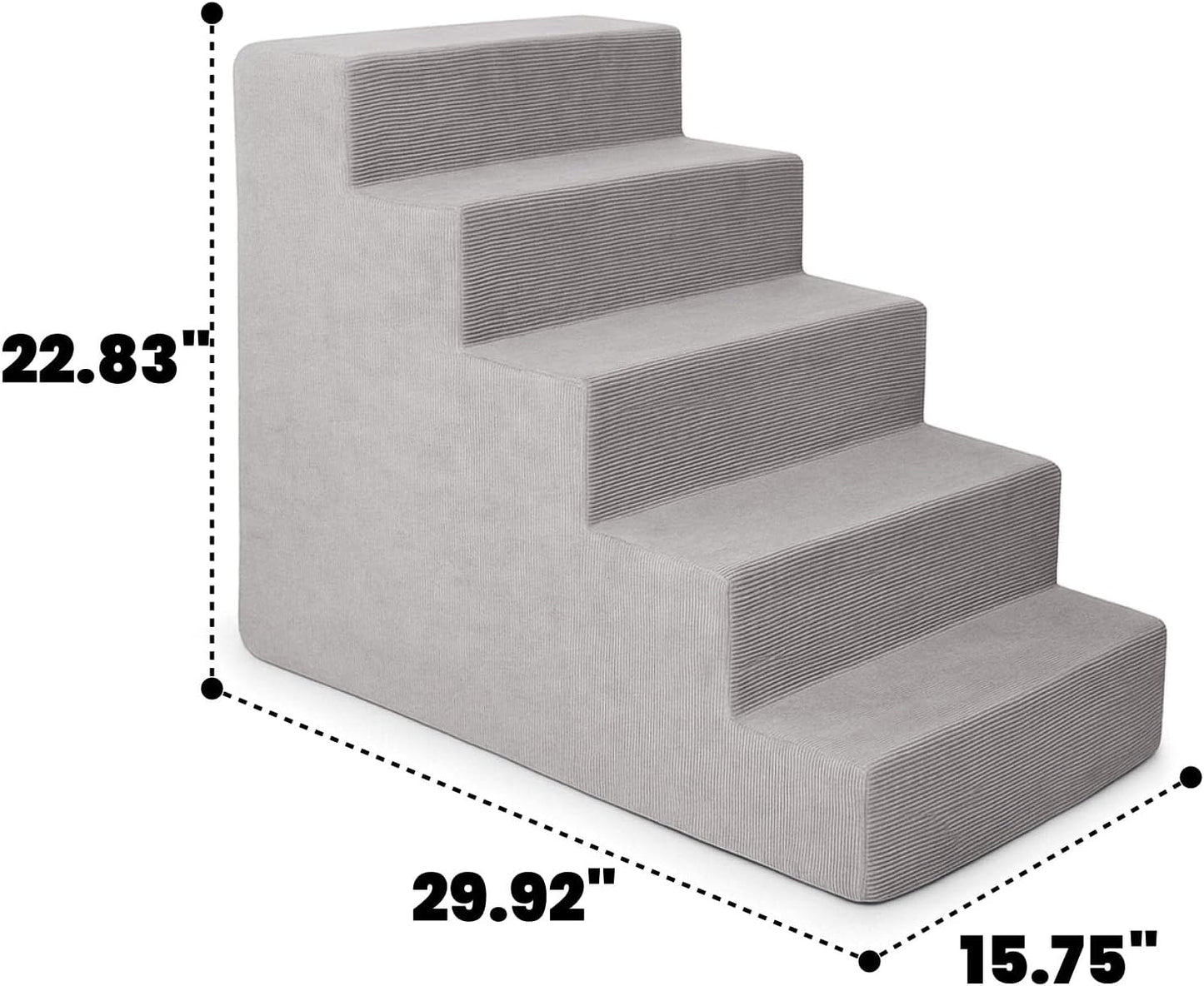 MEWANG Dog Stairs for Small & Medium Dogs and Old Cats –3/4/ 5 Steps High-Density Foam Pet Ramp for Bed & Couch, Non-Slip, Washable Cover, Grey (Square Corner, 5 Steps: 29.92''×22.83''×15.75'', 2)