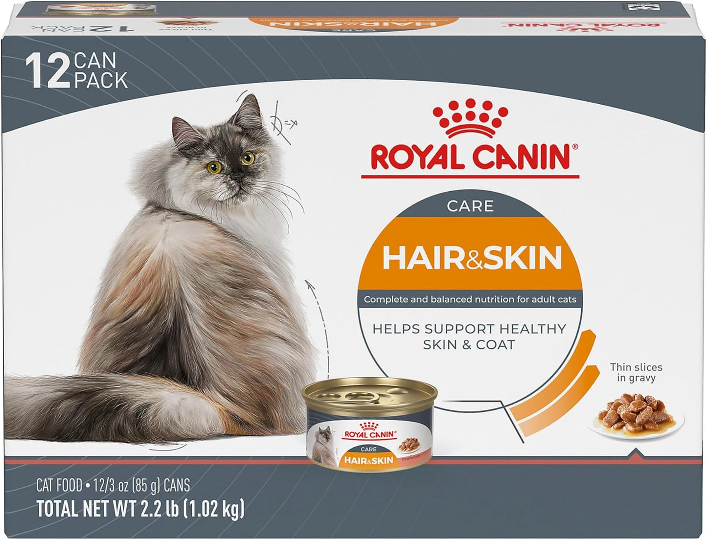 Royal Canin Feline Care Nutrition Hair & Skin Care Thin Slices in Gravy Canned Cat Food, 3 oz can (12-Count)