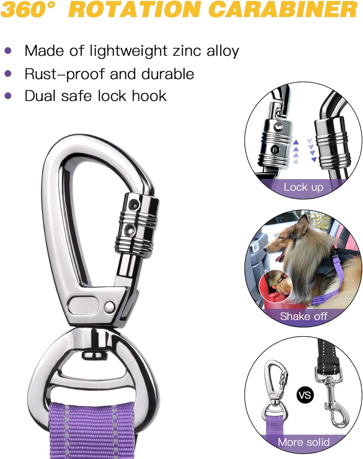 AUBELL Dog Seat Belt for Car,Updated 3-in-1 Adjustable Reflective Bungee Heavy Duty Dog Car Harness Tether with Clip Hook Latch & Buckle,Swivel Zinc Alloy Carabiner,Purple