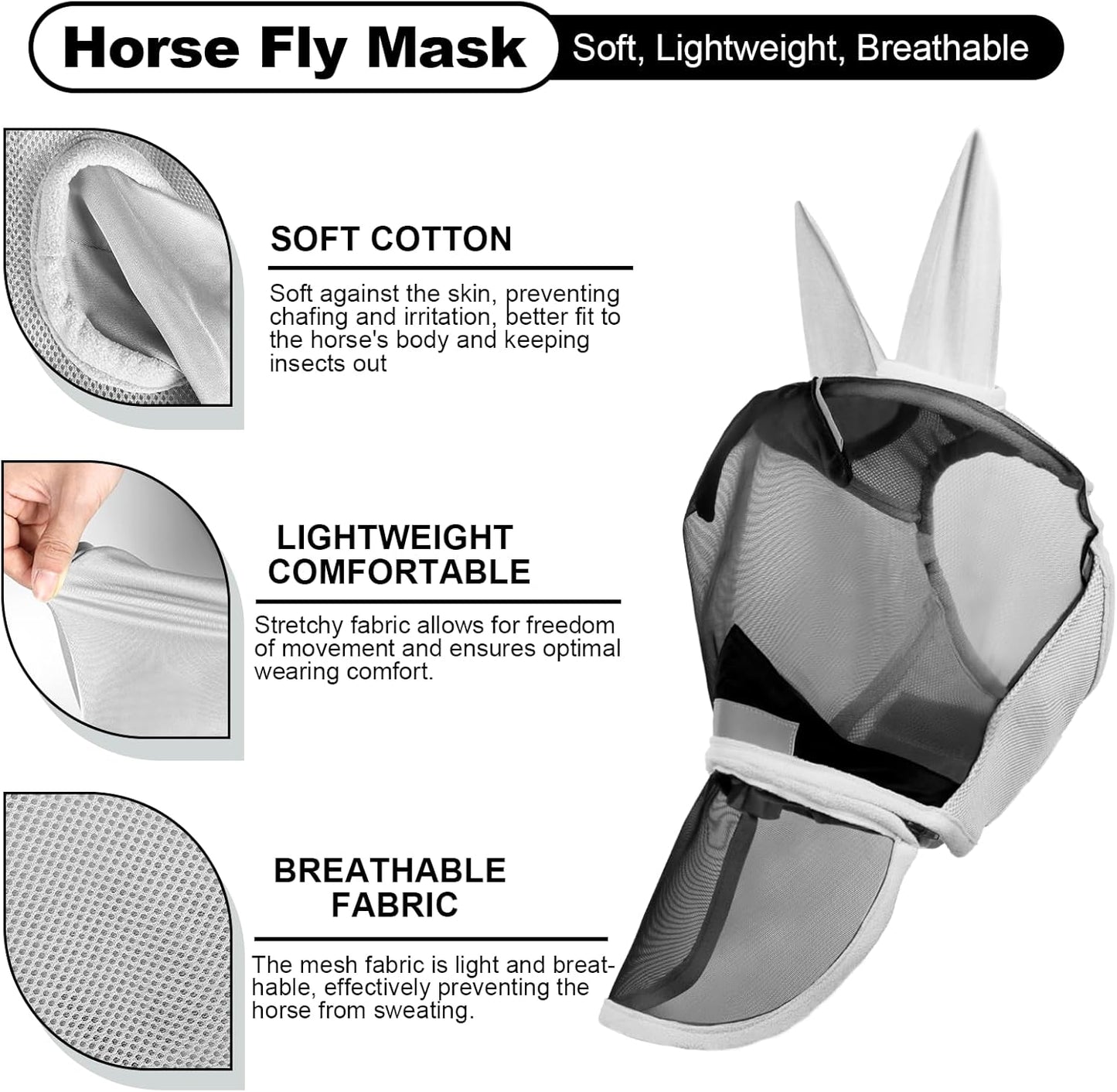 Luminous Horse Fly Mask with Long Nose, Ears, Full Face & Eye Protection - Full Mesh, Detachable Nose Cover, Fleece Padded Edging, Hook-and-Loop Straps with Webbing, Hanging Straps Grey