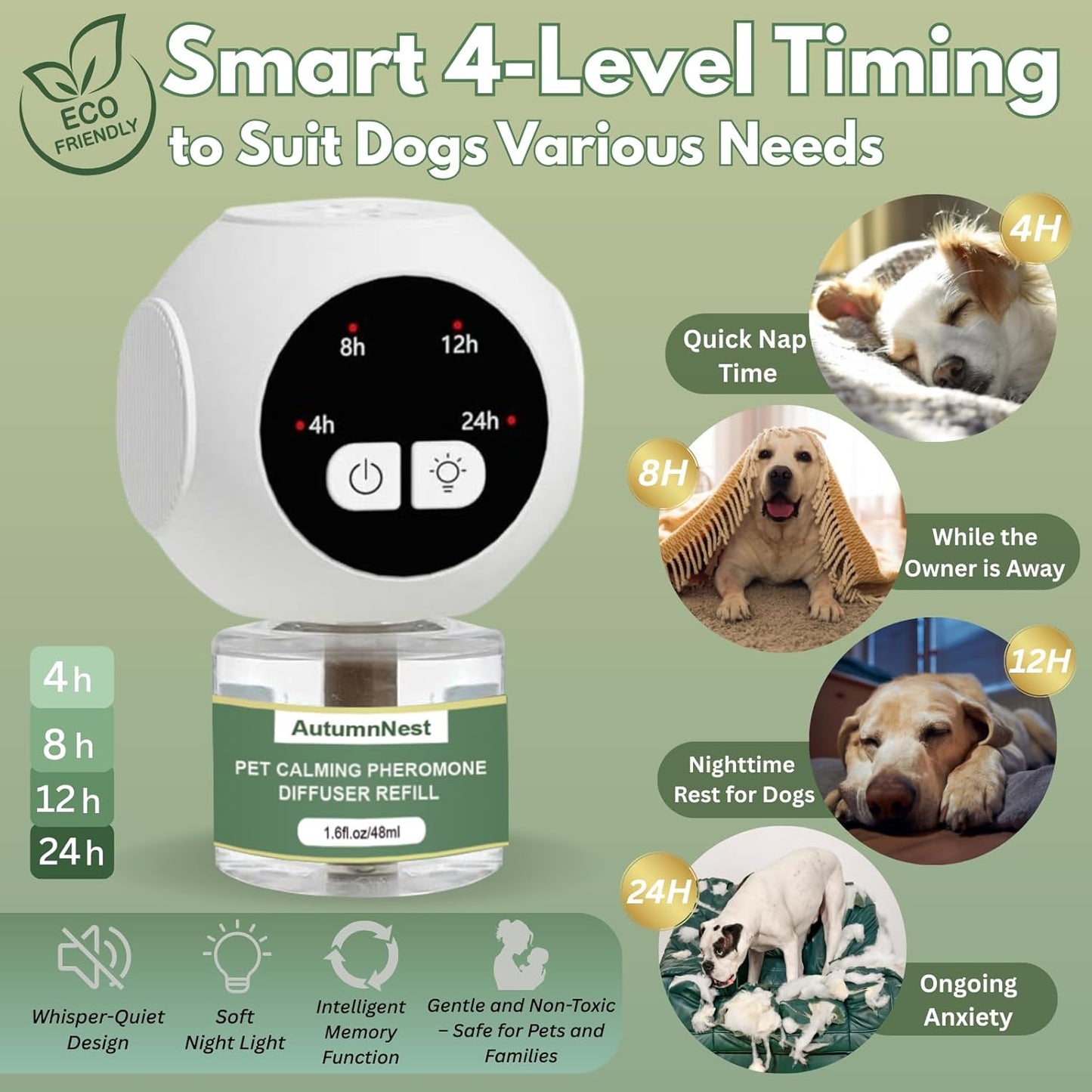 Dog Calming Pheromone Diffuser Kit with Timer – 2 Plug-Ins + 4 Refills – Smart 4-Level Timing Calming Aid – Stress Relief for Dogs – Help with Anxiety, Barking, Fighting, Thunder, Travel, Vet Visits