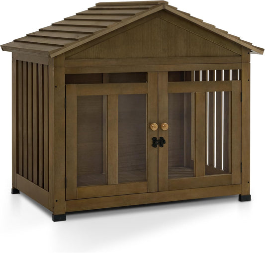 MCombo Wooden Dog House Furniture, Solid Wood Pet Kennel Indoor for Small/Medium Dogs, JD54 (Brwon, Medium)