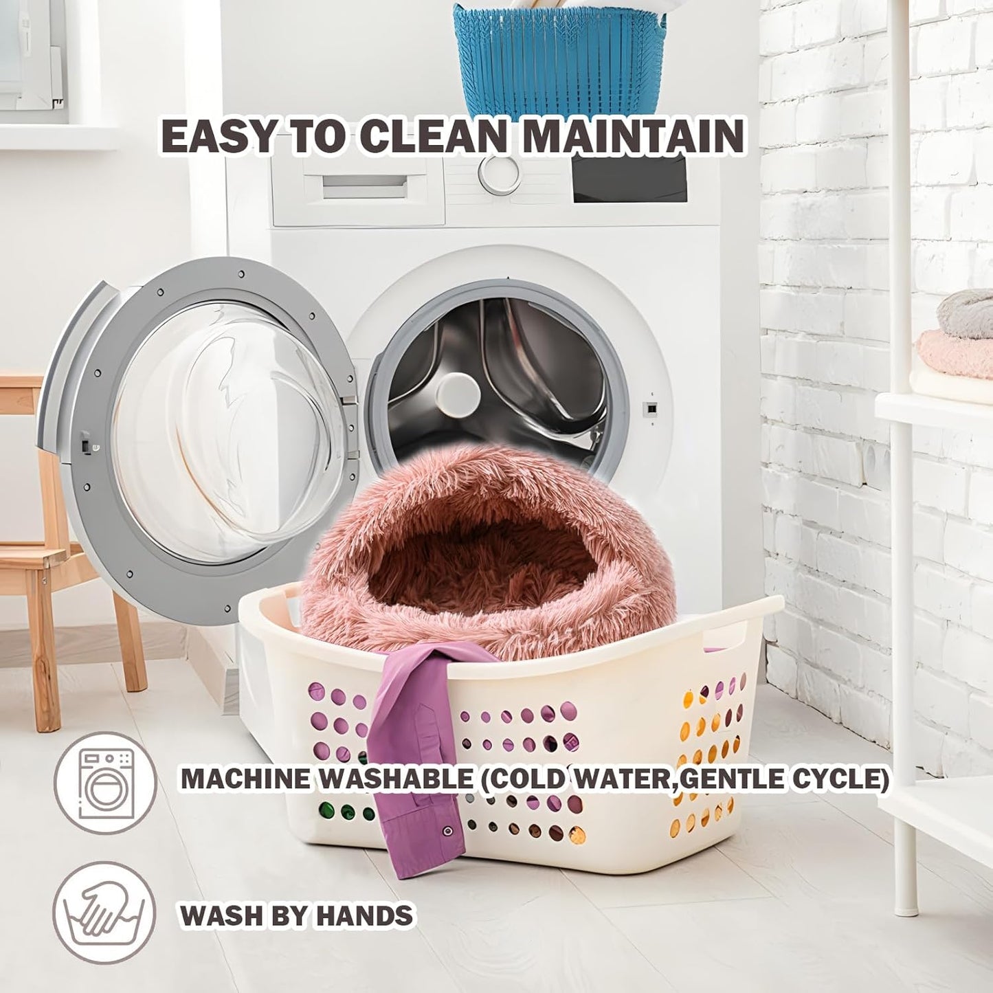 Cat Bed for Indoor Cats, Calming Cozy Cave with Self-Warming Plush, Entire Bed Machine Washable & Anti-Slip Base, Breathable Pet Bed for Small Cats&Dogs All Seasons (Leather Pink, 20 * 20inch)