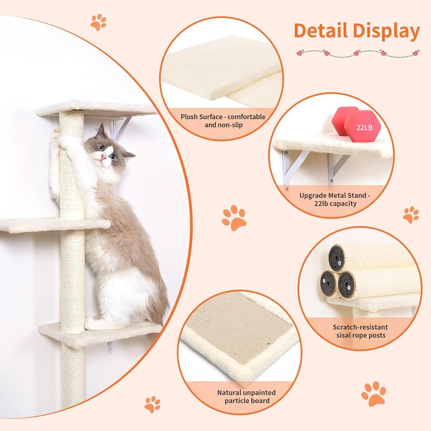 Modern Wall-Mounted Cat Furniture - 5pcs Cat Wall Shelves, Wooden Climber Includes House, Bridge, Tree, Steps, and Scratcher