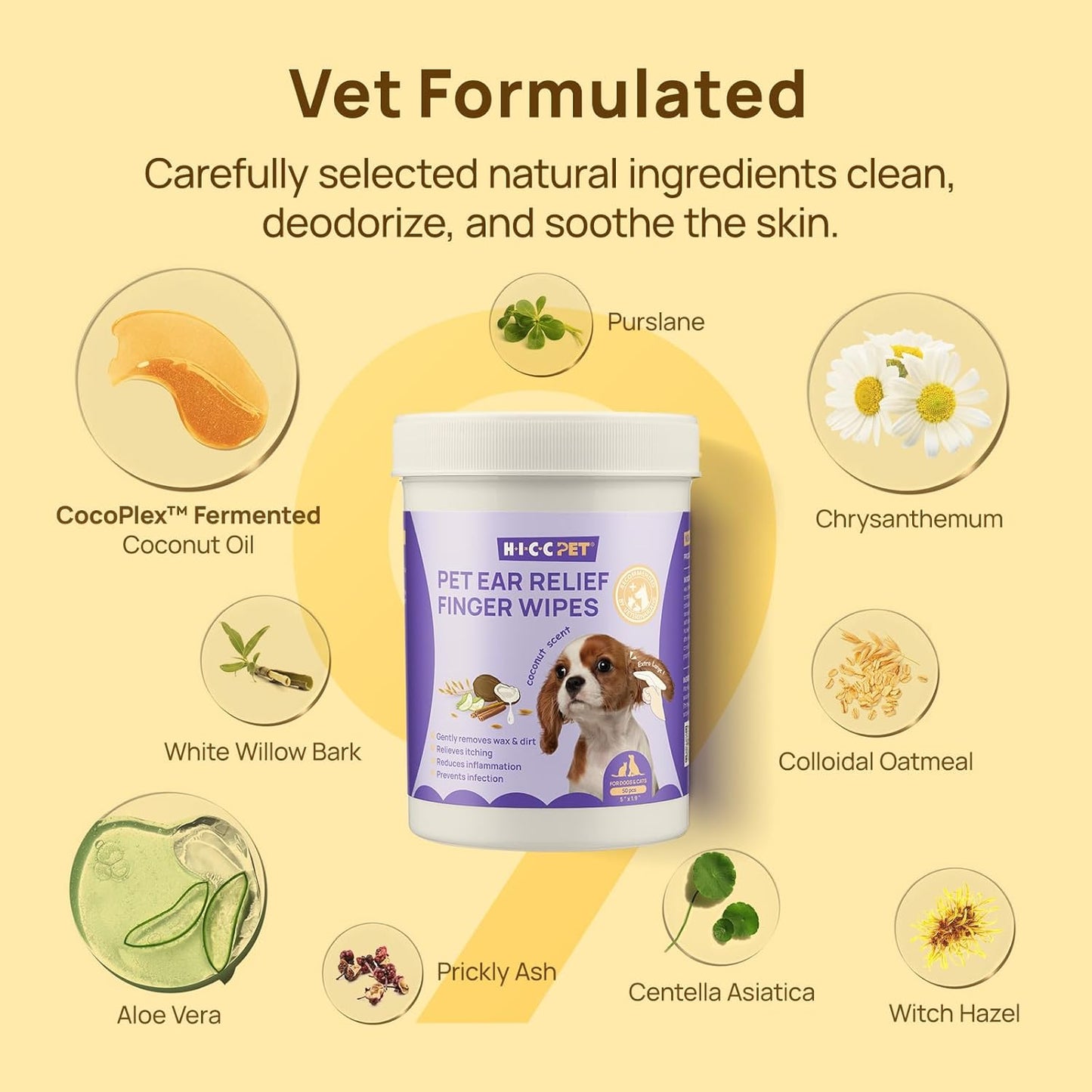 HICC PET Dog Ear Wipes Finger 100 Count Dog Ear Cleaner Wipes for Dogs & Cats, Dog Ear Infection Treatment to Relieve Ear Itching & Inflammation, Remove Ear Wax, Dirt, Smelly - Fresh Coconut Scent