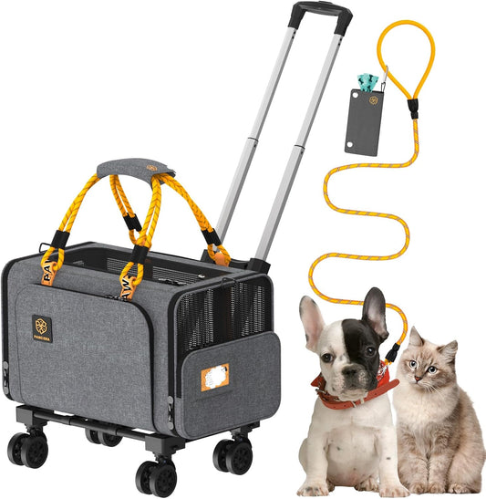PAWZIDEA Pet Carrier with Wheels, 18x11x11 TSA Airline Approved Cat Carrier for 2 Cats Under Seat, Expandable Soft-Sided Dog Carrier for Small Dogs Rolling Travel Bag with Telescopic Handle, ID Card