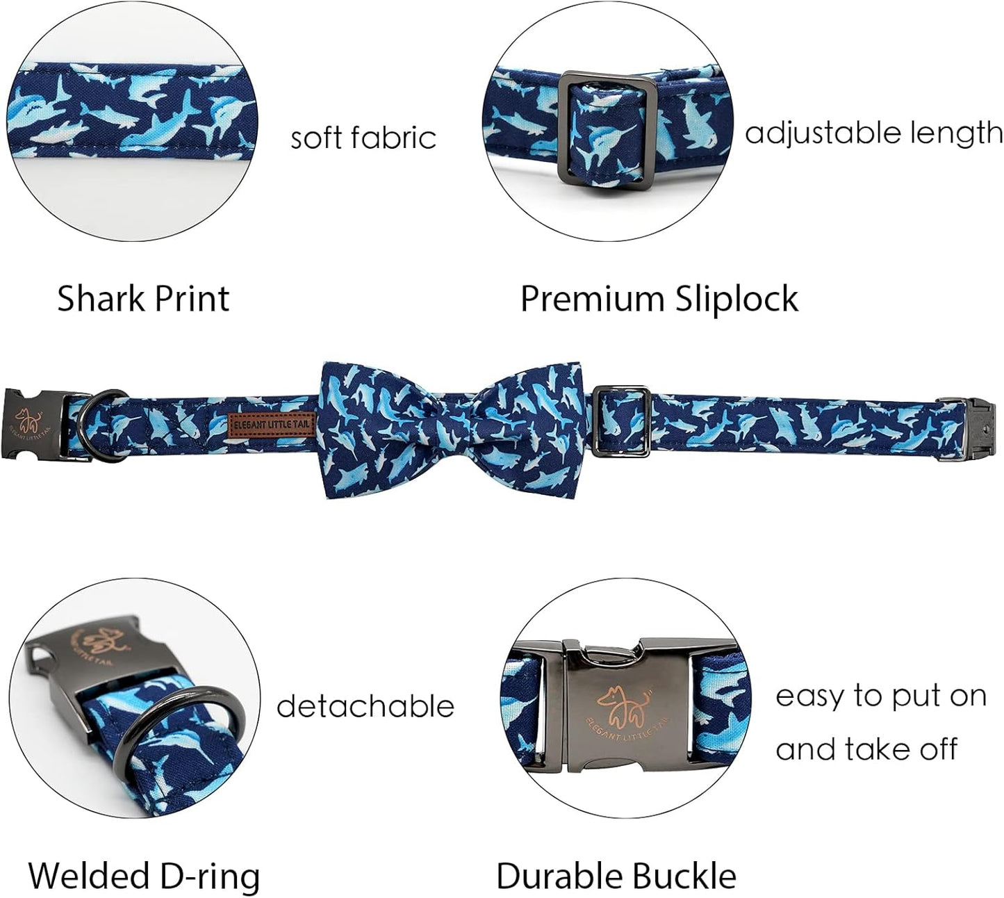Elegant Little Tail Bowtie Dog Collar - Shark Print, Adjustable for Small Dogs