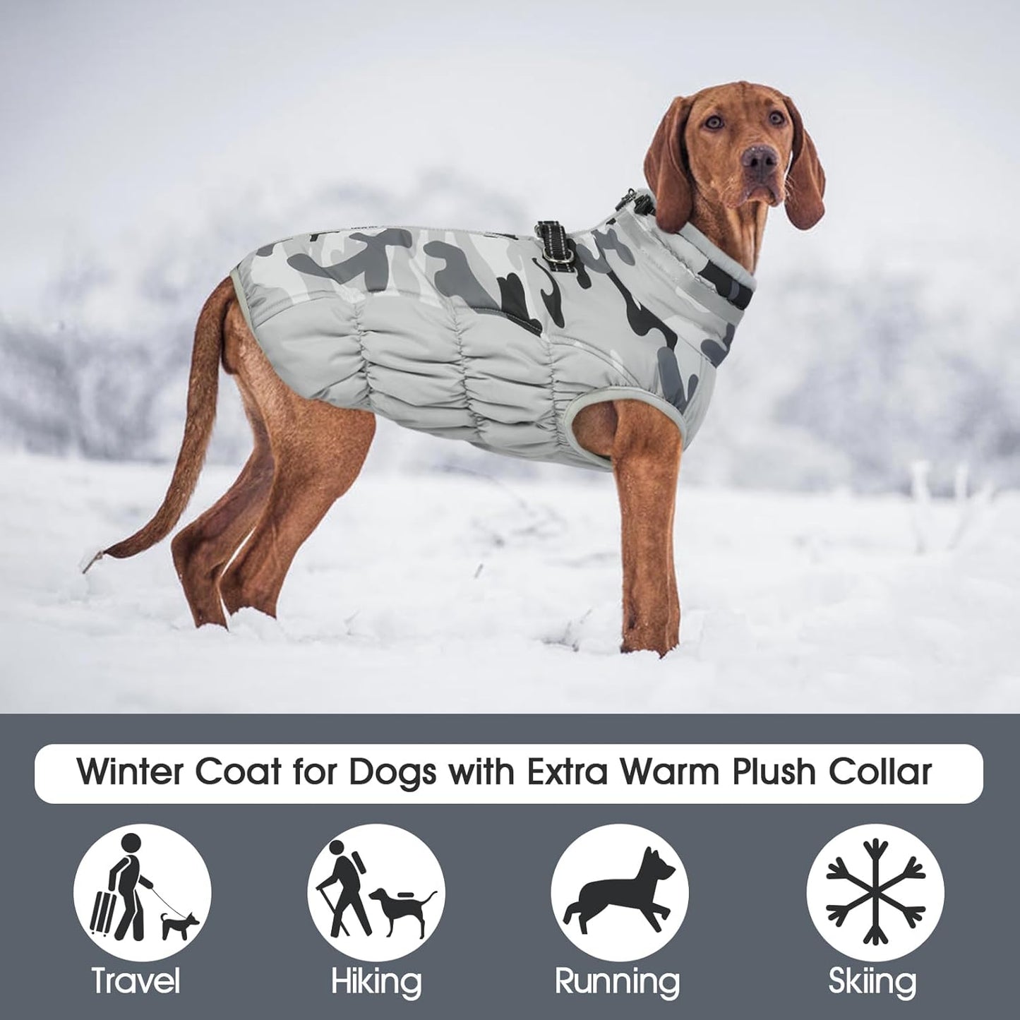 FUAMEY Dog Coat for Large Dogs,Waterproof Dog Winter Jacket with Harness Built in Puppy Cold Weather Coats Reflective Pet Vest with Zipper Warm Fleece Dogs Snowsuit Windproof Grey Camo XL