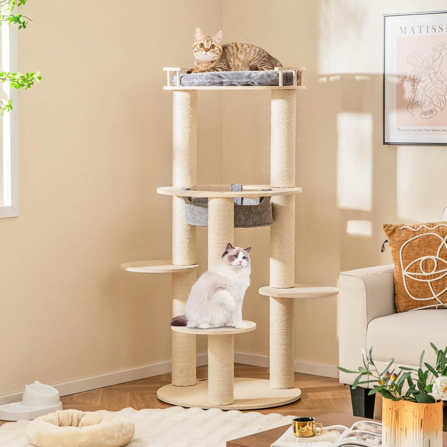 Tangkula Wood Cat Tree, 59 Inch Multi-Level Cat Tower with Top Padded Perch, Hammock, 3 Platforms & Sisal Scratching Posts, Large Modern Cat Tree Tower for Indoor Cats Kittens (59 Inch)
