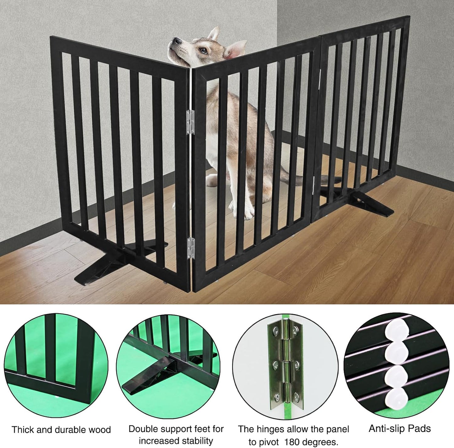 ZJSF Freestanding Indoor Dog Gate for House Foldable Wood Puppy Gate for Doorways Pet Gate for Stairs Extra Wide Pet Fence, Black, 24" Height 3 Panels