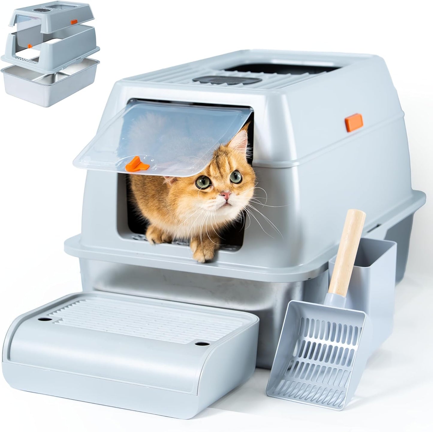 Cattasaurus Stainless Steel XL Cat Litter Box with Lid for Large Cats Up to 40lbs, Removable Kitty Litter Box Enclosure, Top Entry Litter Box, Durable Scoop & Pedal (Stainless Steel - Only Base)