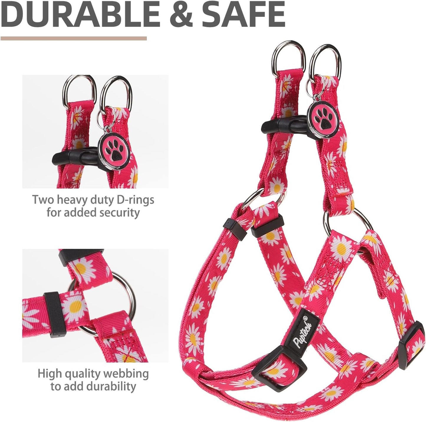 PUPTECK No Pull Dog Harness Soft Adjustable Basic Nylon Step in Puppy Vest Outdoor Walking with ID Tag, Fuchsia Daisy, M