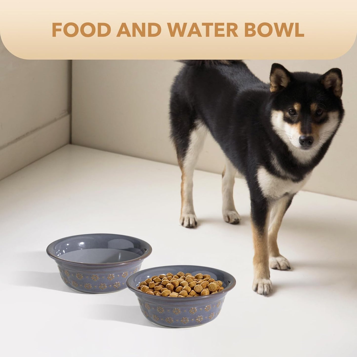 Ceramic 7.1inch Set of 2 Dog Bowls for Medium and Large Dog, 2pcs Basic Food and Water Dishes for Replacement, Wide Opening Rounded Edge (2 Bowls, Reactived Glaze -Grey)