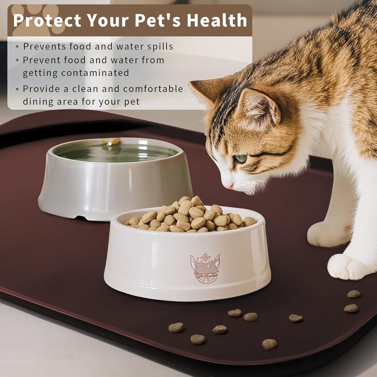Silicone Pet Feeding Mat with Raised Edge & Residue Collection Pocket for Food and Water, Dog Bowl Mats, Cat Bowls Placemat with High Lip for Floor Waterproof, 22 x 14 x 0.8 Dark Brown