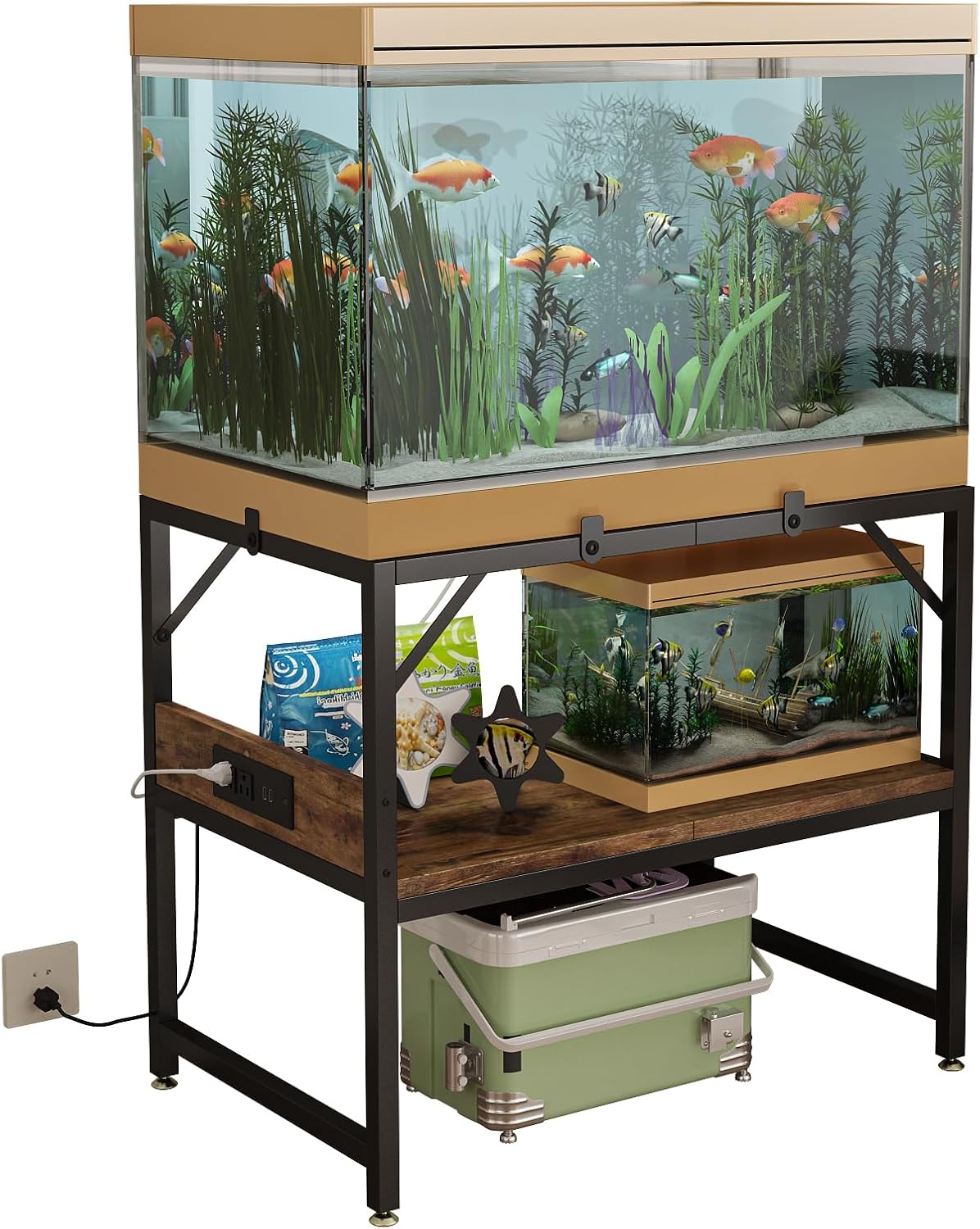Modern 15 Long Gallon Fish Tank Stand for Home Office, 2-Tier Aquarium Stand with Shelf for Storage, Fish Tank Table 24" x 12" x 21", Ideal for Breeder Tanks, and Reptile Terrariums, Rustic Brown