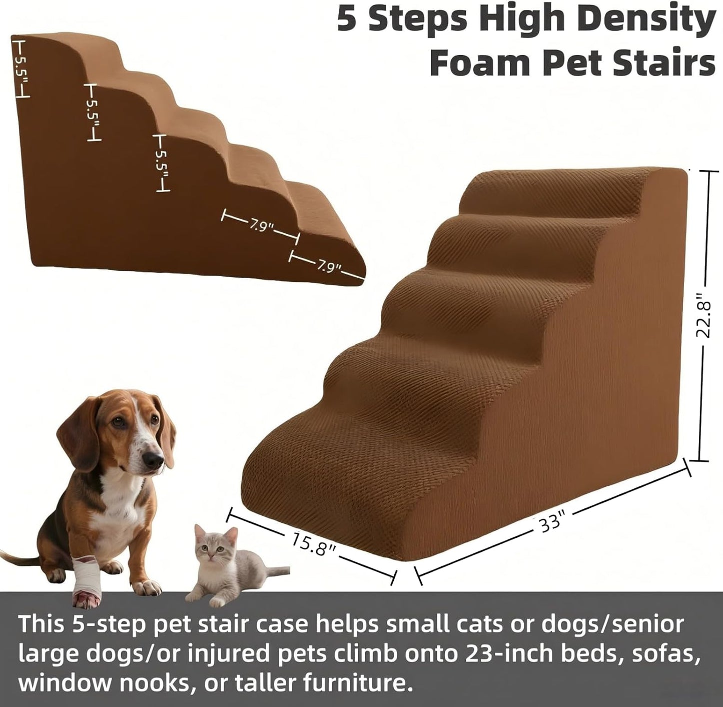 5 Step Pet Stairs Ramp for High Beds Sofas 5-30 Inch with Sturdy Non Slip Waterproof Pads, Machine Washable Cover Indoor Balanced Design for Cats Dogs Small Medium Large XL Pets Grey (Brown, Large, 1)