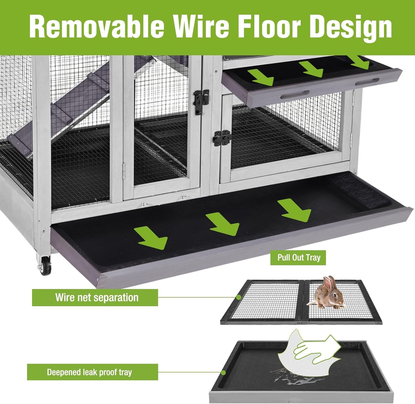 GUTINNEEN 2-Story Rabbit Hutch Indoor with Chew-Proof Ramp & Slide-Out Plastic Trays - Wooden Small Animal Cage Guinea Pig Cages with Wheels for 2-4 Rabbits, Bunnies, and Guinea Pigs (Grey)