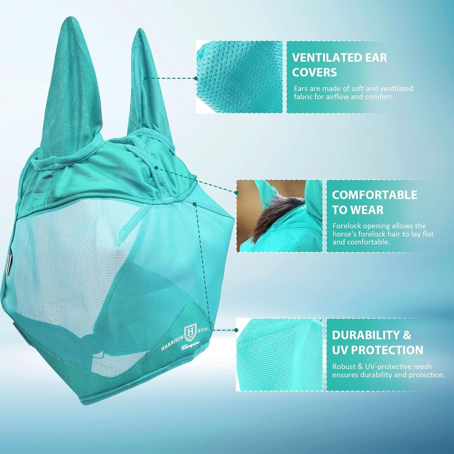 Harrison Howard UV-proof Multi-Function Fabrics Thick Fleece Padding Horse Fly Mask Half Face with Ears Mint Arabian Medium