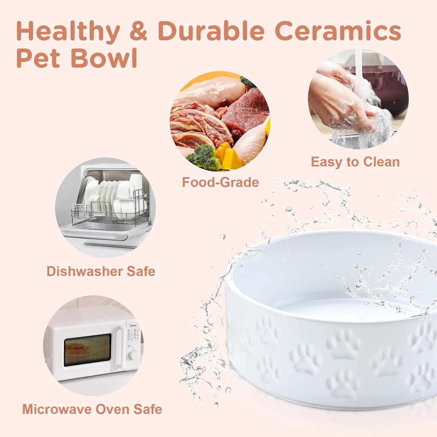 SPUNKYJUNKY Ceramic Dog Bowls 2 Pack, 8.3'' Dog Food Water Double Feeding Bowls Non-Slip for Medium to Large Sized Breed Microwave Dishwasher Safe - 60 OZ, 2pcs, Paw White