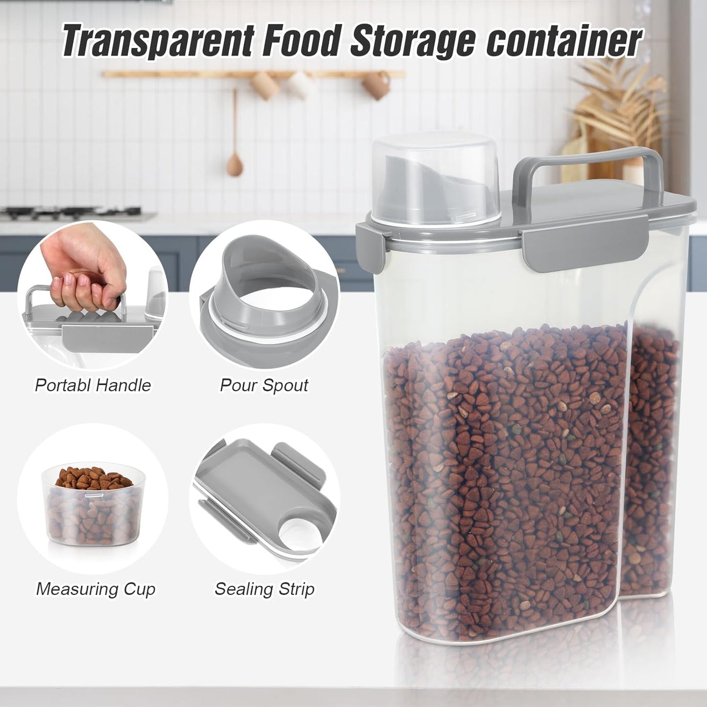 TBMax Dog Cat Food Storage Container 5 to 7 lbs, Airtight Pet Food Dispenser with Easy-Pouring Spout & Measuring Cup, Portable Kibble Container for Travel Dog Food Storage