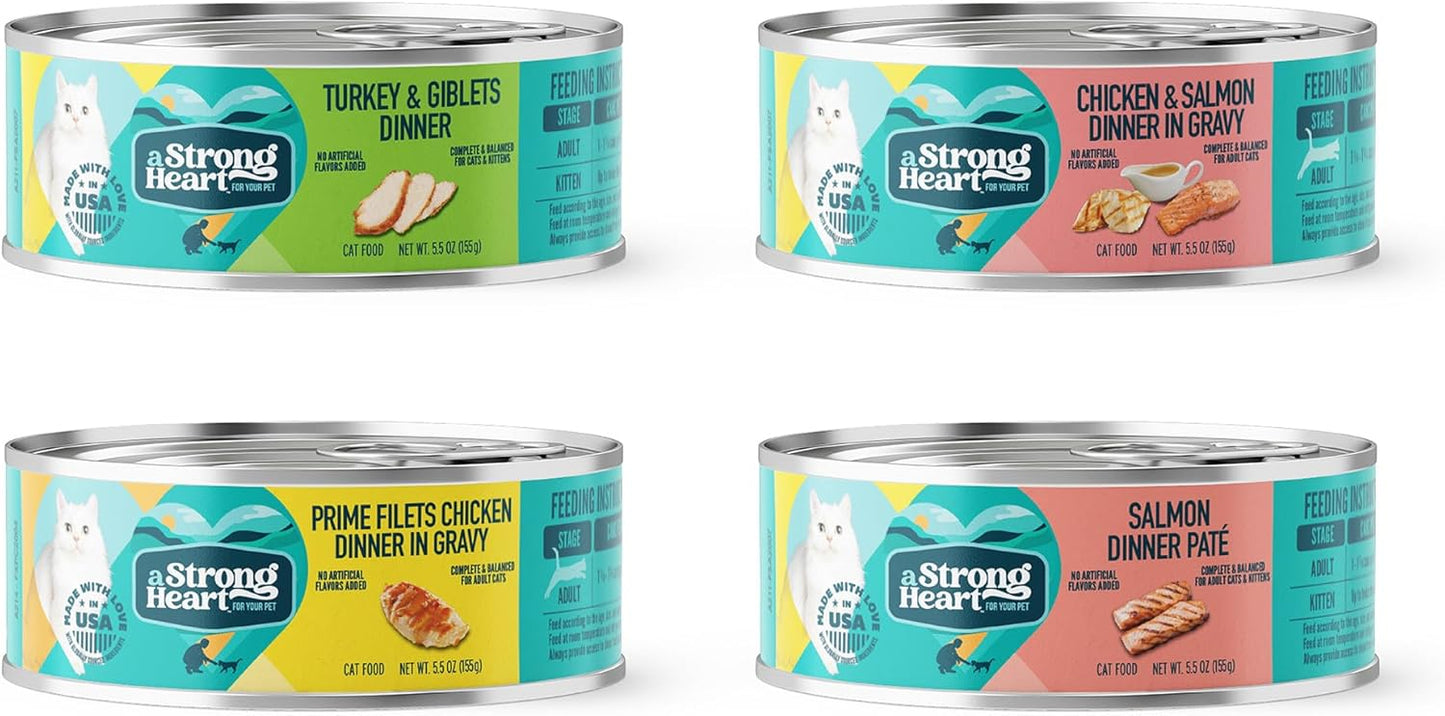 A Strong Heart Canned Wet Cat Food, Dinner Variety Pack - 5.5 oz Cans (Pack of 32), Made in The USA with Real Chicken, Turkey & Salmon