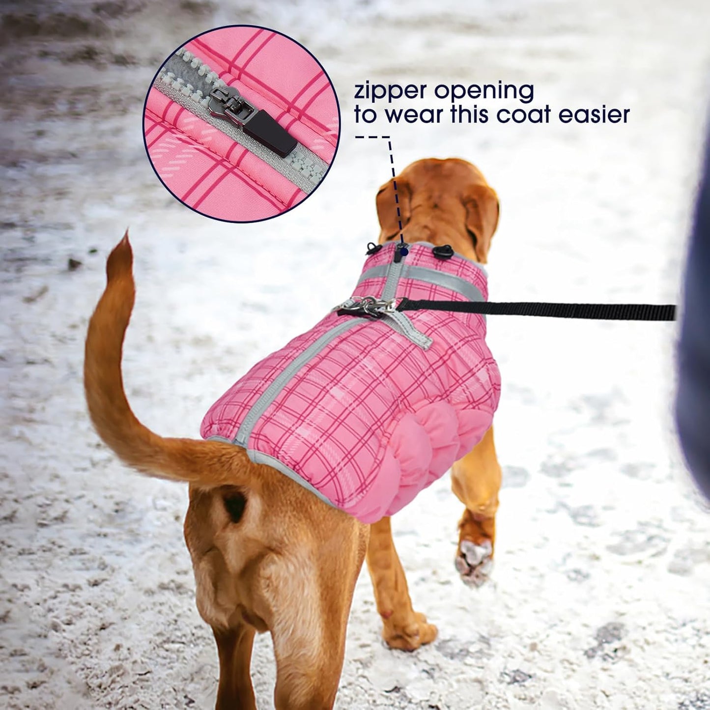FUAMEY Dog Coat for Large Dogs,Waterproof Dog Winter Jacket with Harness Built in Puppy Cold Weather Coats Reflective Pet Vest with Zipper Warm Fleece Dogs Snowsuit Windproof Rose Plaid 2XL