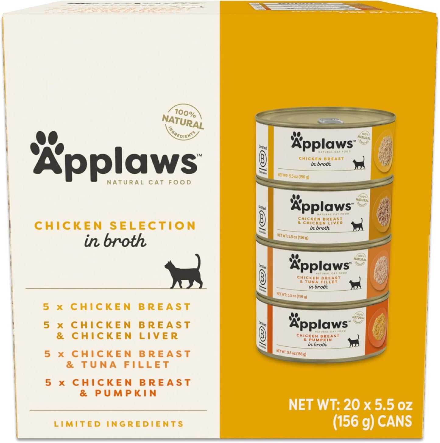 Applaws Natural Wet Cat Food in Broth, Limited Ingredient Canned Wet Cat Food, No Additives, Made with Natural Ingredients, Chicken Selection in Broth Cans (20 x 5.5 oz Cans)