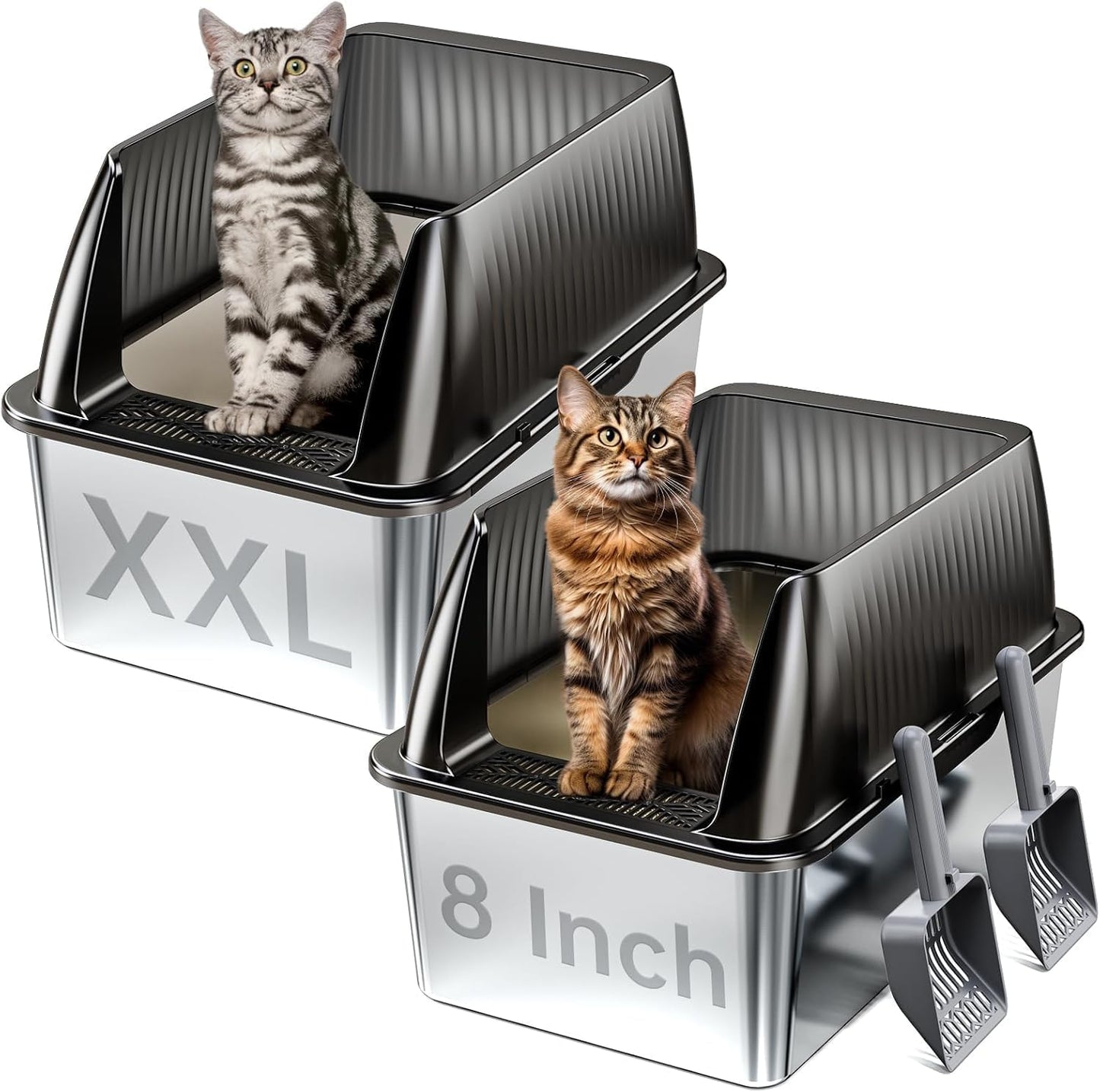 Tripamin 2PACK Stainless Steel Litter Box, 8" Metal Litter Boxs with Lid High Sides, XL Extra Large Litter Box for Big Cats, Leak-Proof, Easy Cleaning, Non-Sticky(Translucent Black)