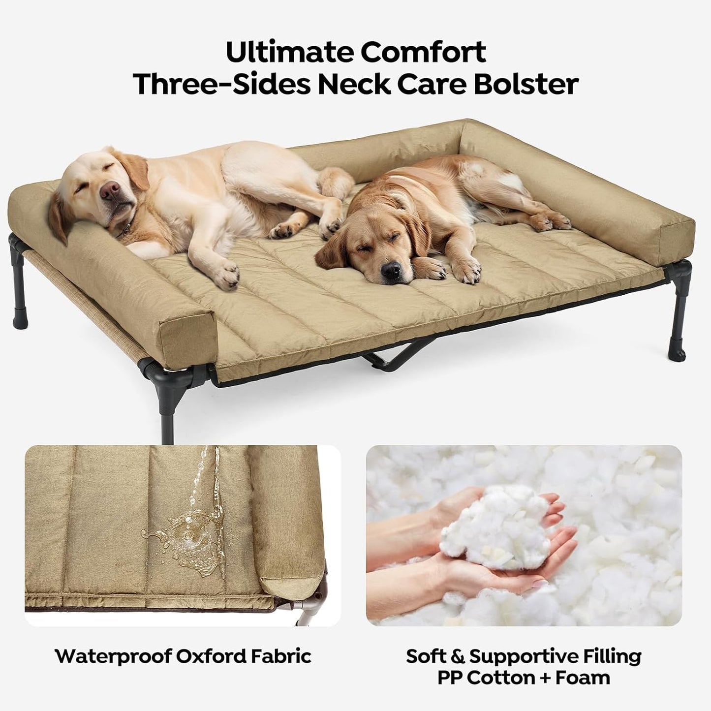 Veehoo Cooling Elevated Dog Bed Add Removable Waterproof Bolster Cushion Mat, Raised Pet Cot with Breathable Teslin Mesh, No-Slip Feet, Dog Couch Bed for Indoor Outdoor, 59x37.5inches, Beige, CWC2331B