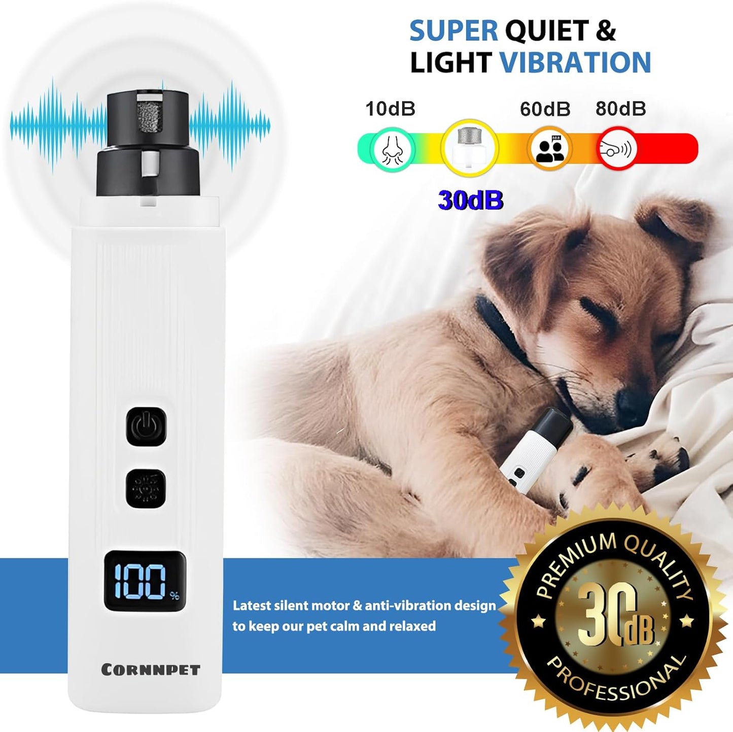 Dog Nail Grinder - 2-Speed Super Quiet and Low Vibration Electric Pet Nail Grinder - Rechargeable Dog Nail Trimmers for Small Dogs- Cat Nail Claw Clippers with 2 Level LED Lighting(White)