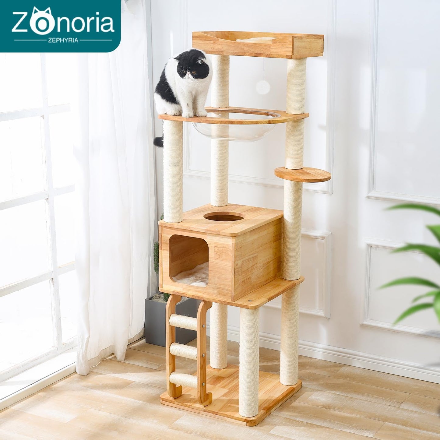 65-inch Tall Cat Tree，Cat Tower for Indoor Cats with Feel-Safe Enclosed Cat Cave、Scratching Post、Space Capsule Nest and Cat Ladder