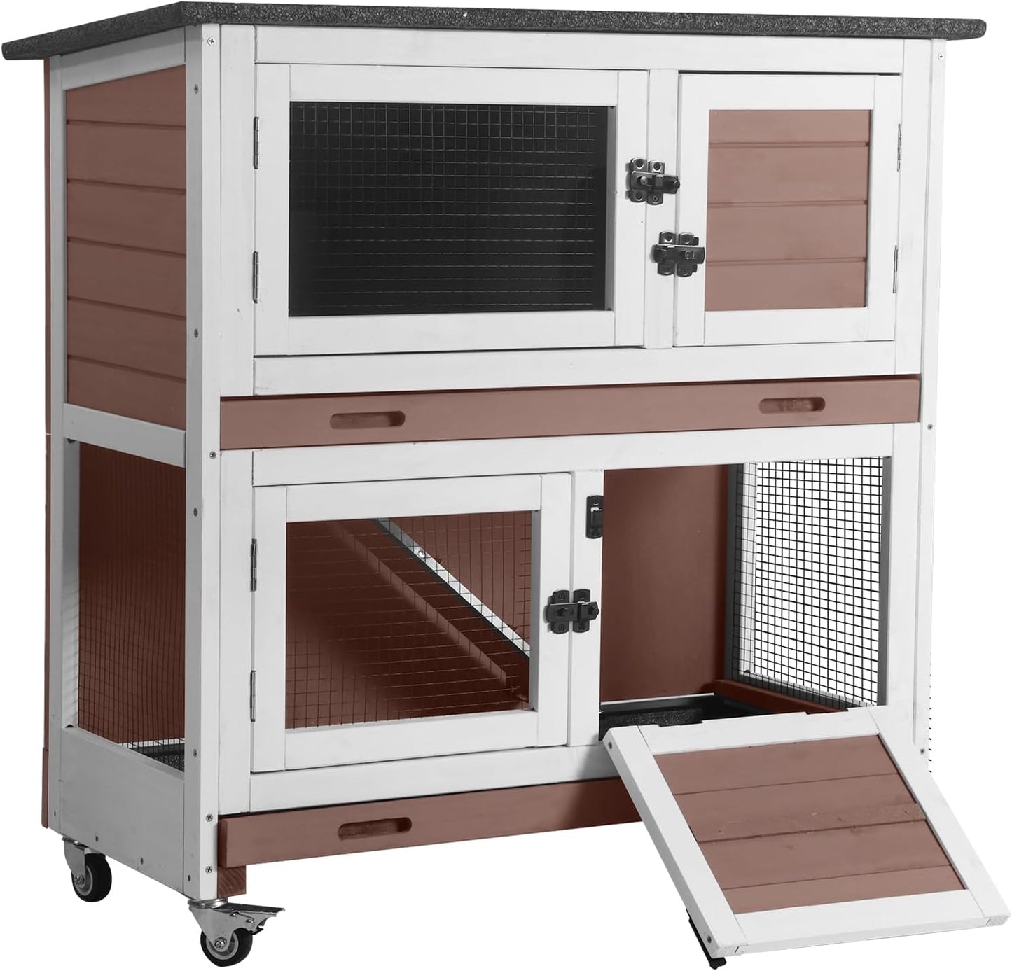 Aivituvin 2-Tier Rabbit Hutch with Tarp Door and Wheels Bunny Cage Indoor Outdoor Guinea Pig Cage Expandable with Pet Playpen 36" L, Brown