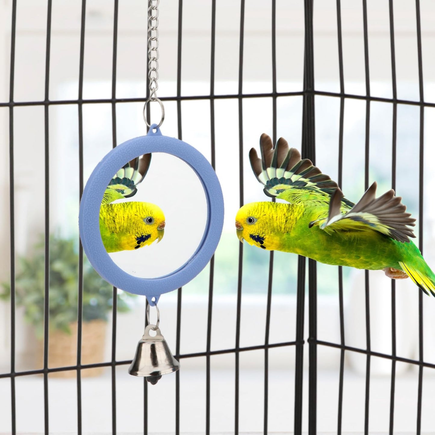Hypeety Pet Bird Mirror with Bell Interactive Parrot Toy Bird Cage Mirror for Cockatiel Parakeets Canaries Budgie (Blue)