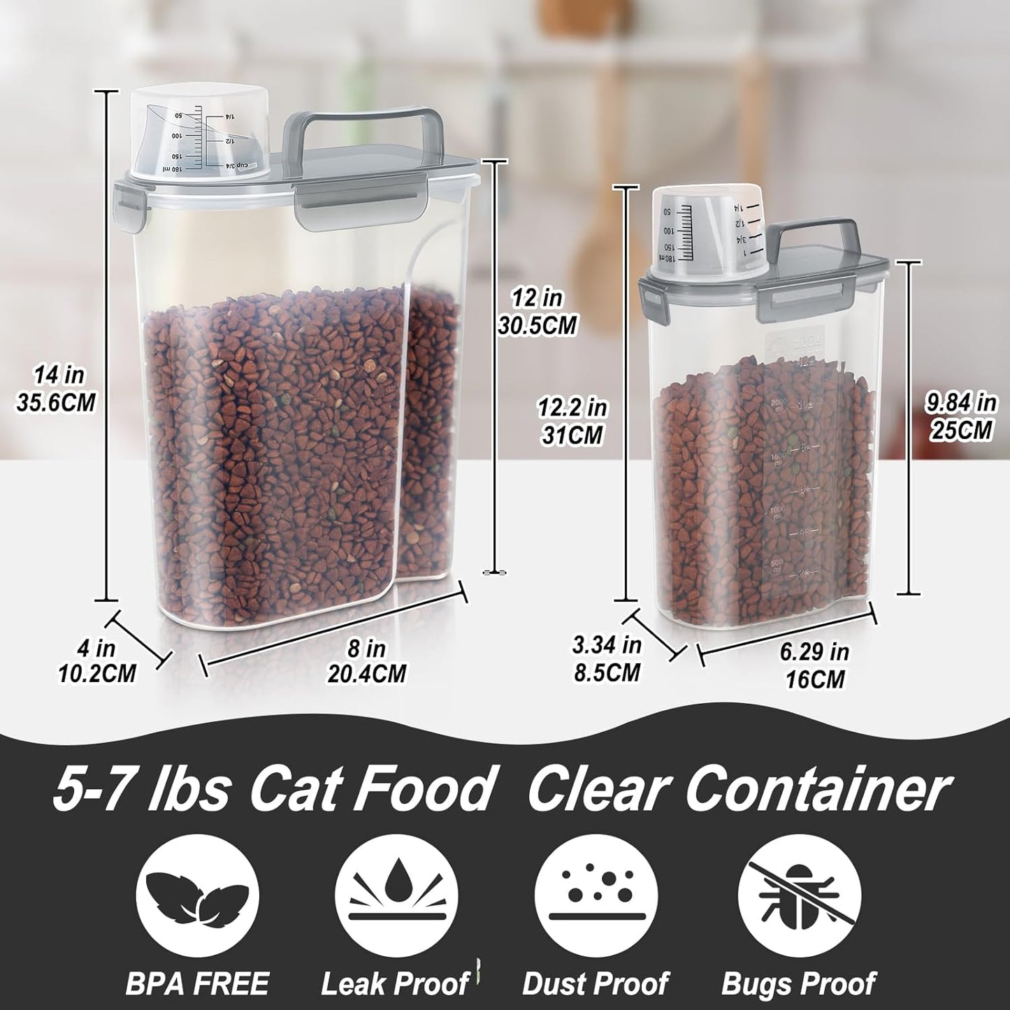 Cat Dog Food Storage Container, Upgraded Large Nozzle BPA-free, 3&5lbs Plastic Pet Food Storage Containers, With 4 Sealed Clasps, 1 Measuring Cup and Handle, Easy to Clean and Carry -Clear Grey 2Pack