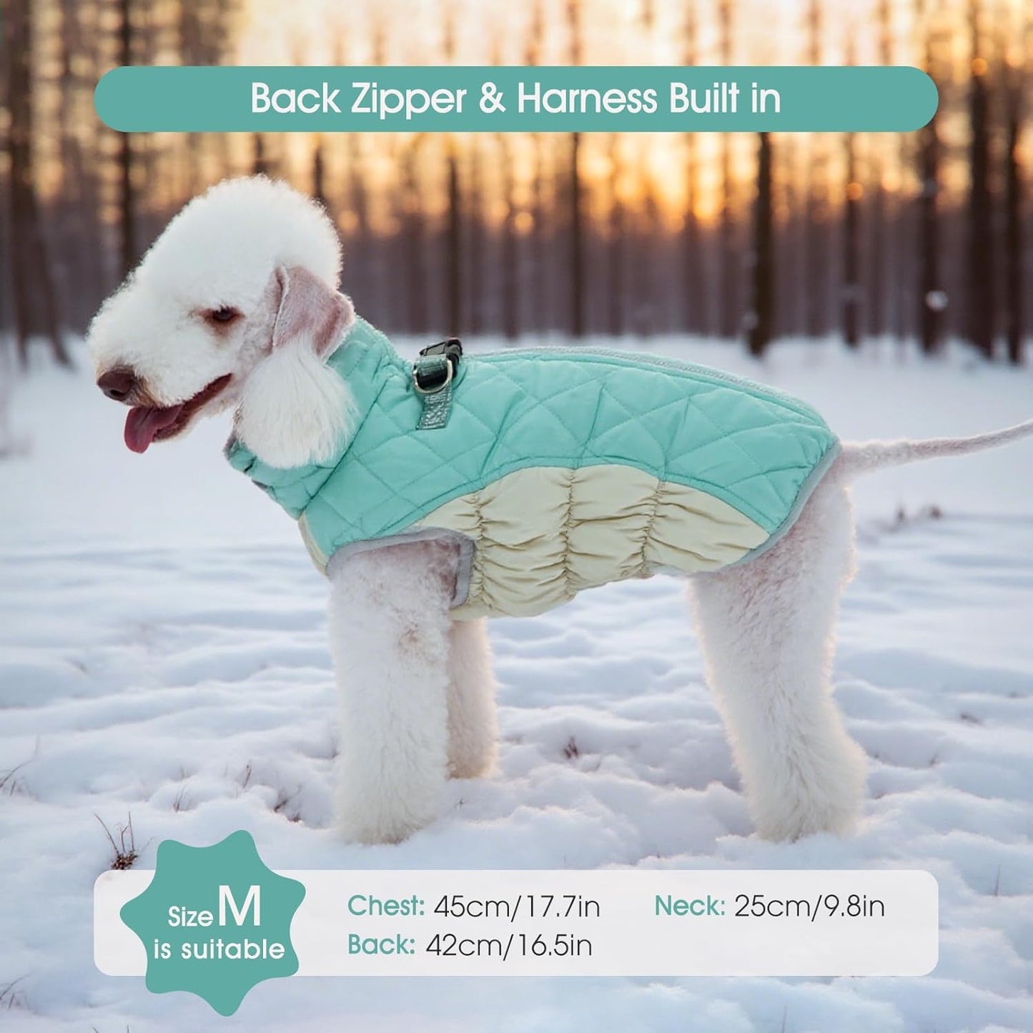 FUAMEY Dog Coat for Small Dogs,Waterproof Dog Winter Jacket with Harness Built in Puppy Cold Weather Coats Reflective Pet Vest with Zipper Warm Fleece Dogs Snowsuit Windproof Mint Green S