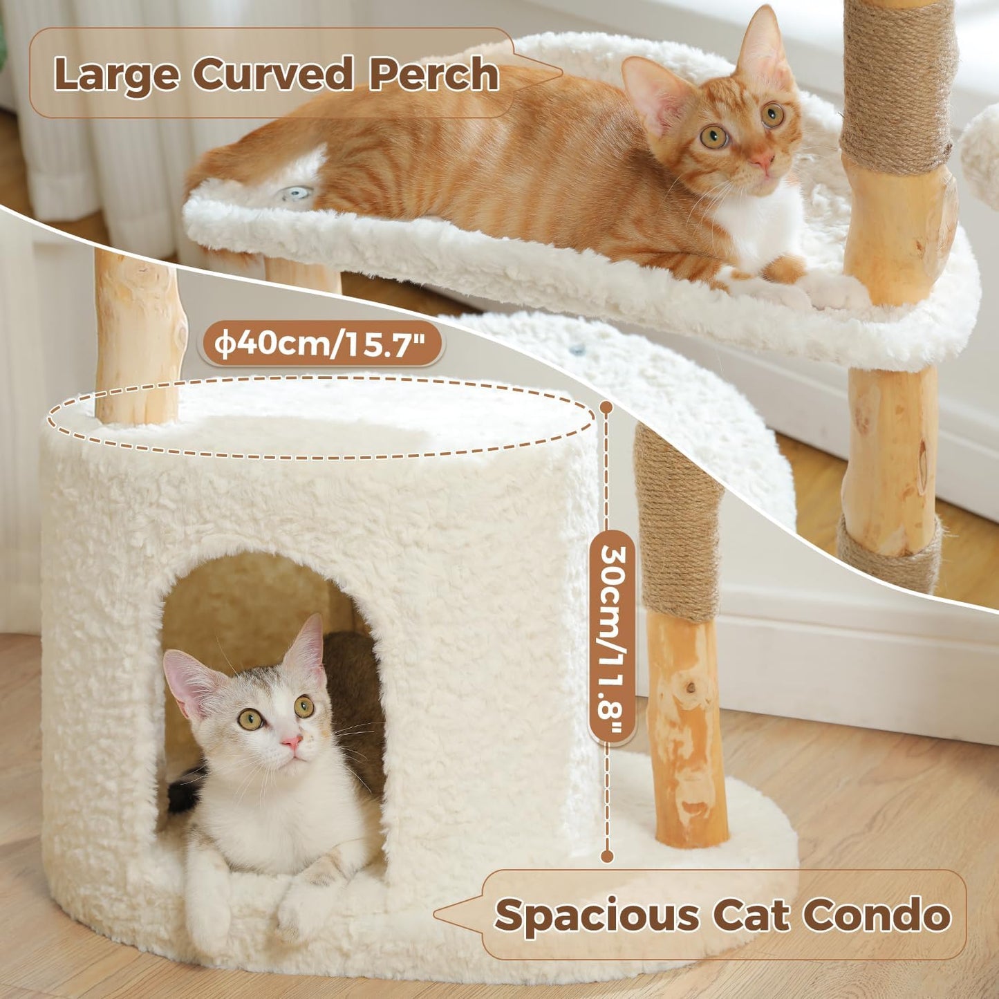 PAWZ Road Cat Tree for Indoor Cats Large Adults,38 Inches Modern Cat Tree Tower with Spacious Wicker Basket,Natural Solid Wood Scratching Posts,Curved Bed,Luxury Cat Condo for Large Cat