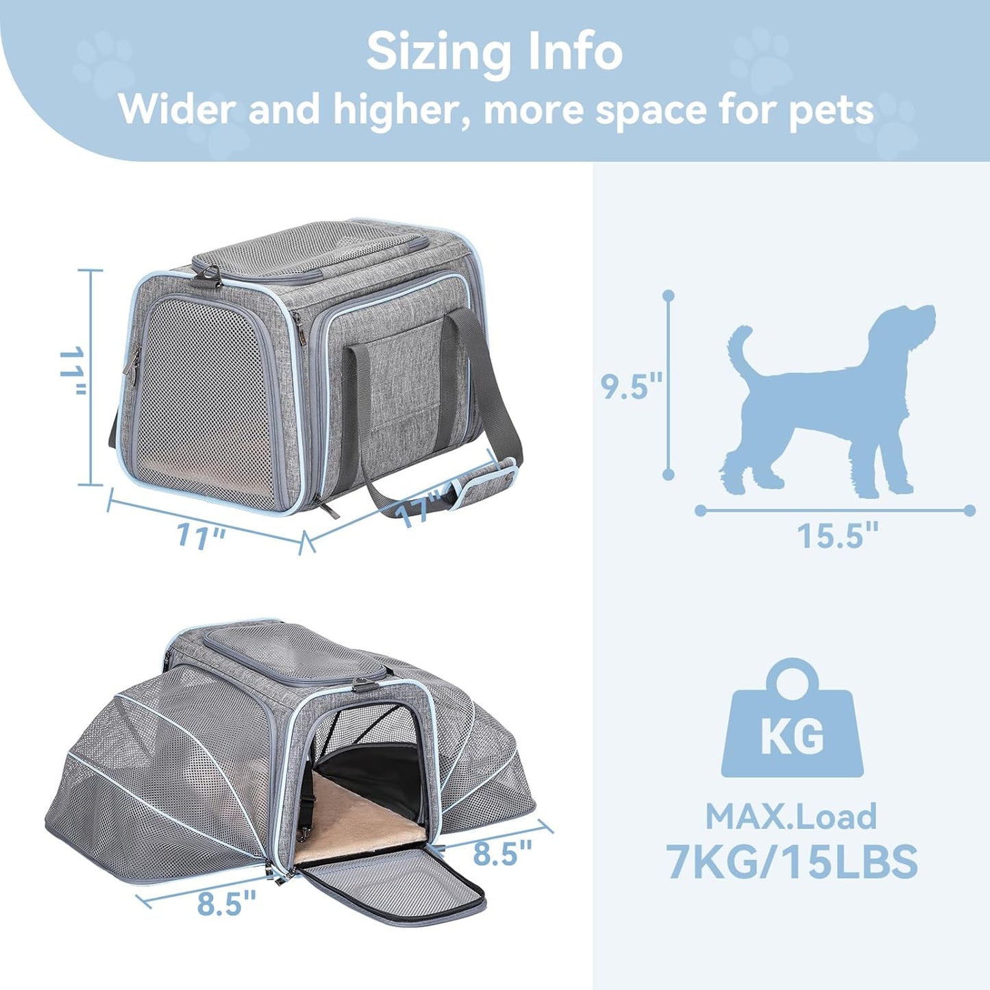 Petsfit Expandable Large Cat Carrier Small Dog Carriers Airline Approved, 17" Lx 11" Wx 11" H Soft-Sided Portable Washable Pet Travel Carrier with 2 Extension for Kittens, Puppies, Rabbits
