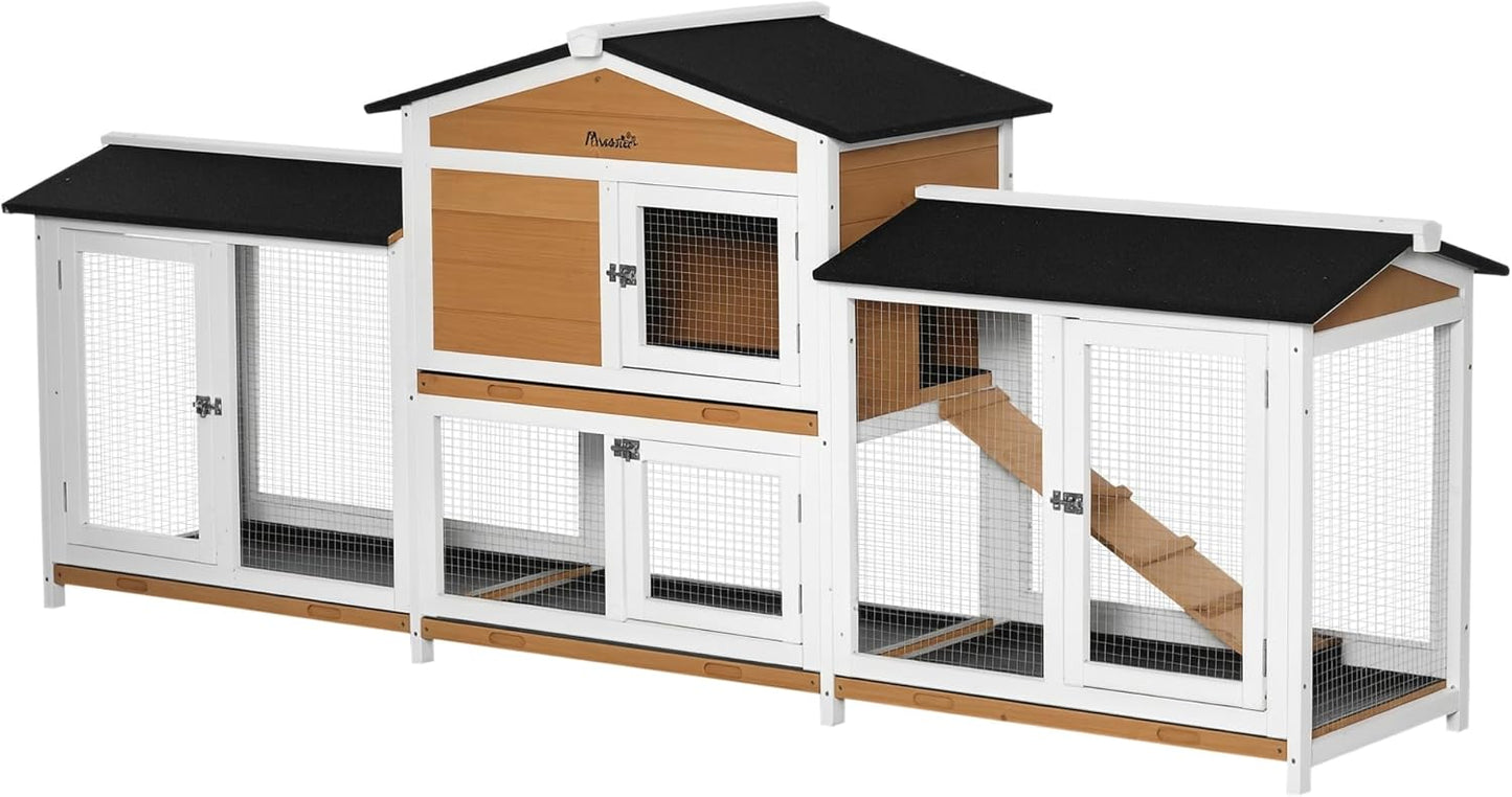 PawHut 90.5" Wooden Rabbit Hutch Bunny Cage Pet Playpen House Enclosure with Double Side Run Boxes, No Leak Tray, Ramp, for Rabbits, Chickens, Ducks, Guinea Pig and Small Animals, White
