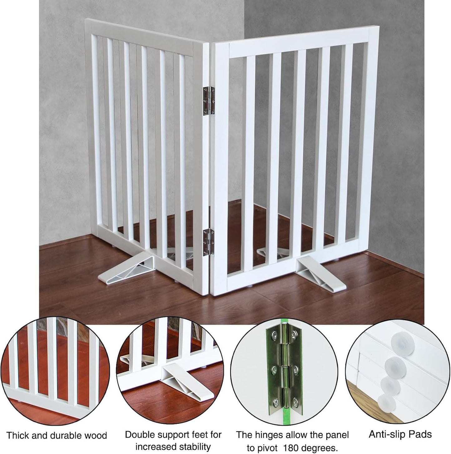 ZJSF Freestanding Indoor Dog Gate for House Foldable Wood White Puppy Gate for Doorways Pet Gate for Stairs Extra Wide Pet Fence 32" Height 2 Panels