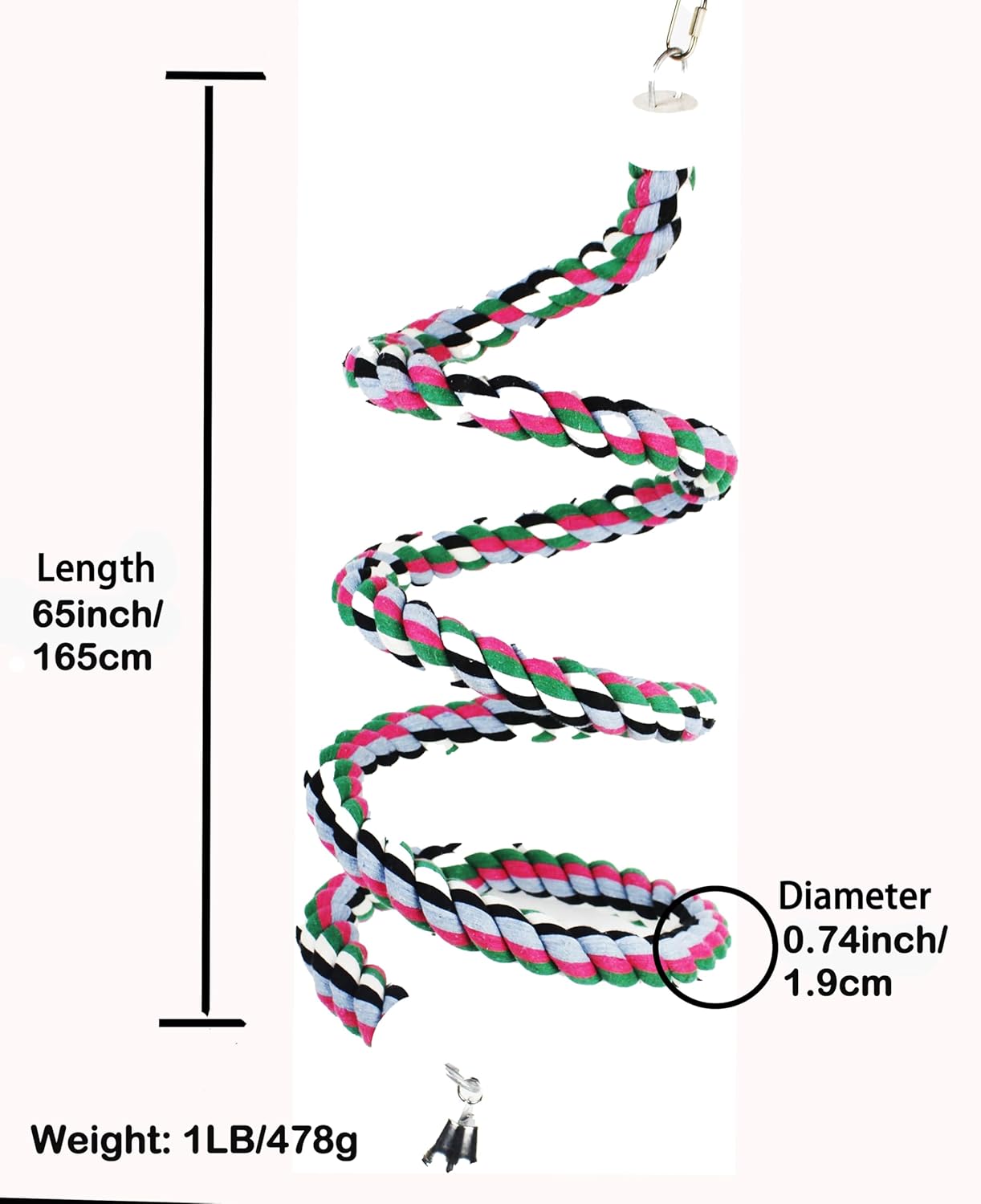 65 inch Length Colorful Cotton Bendable Rope Perch Swing Bird Chew Toys Amazon Parrots Cage Toys with Bell Swing Climbing Standing Bungee Bird Toys for Large to Regular Birds