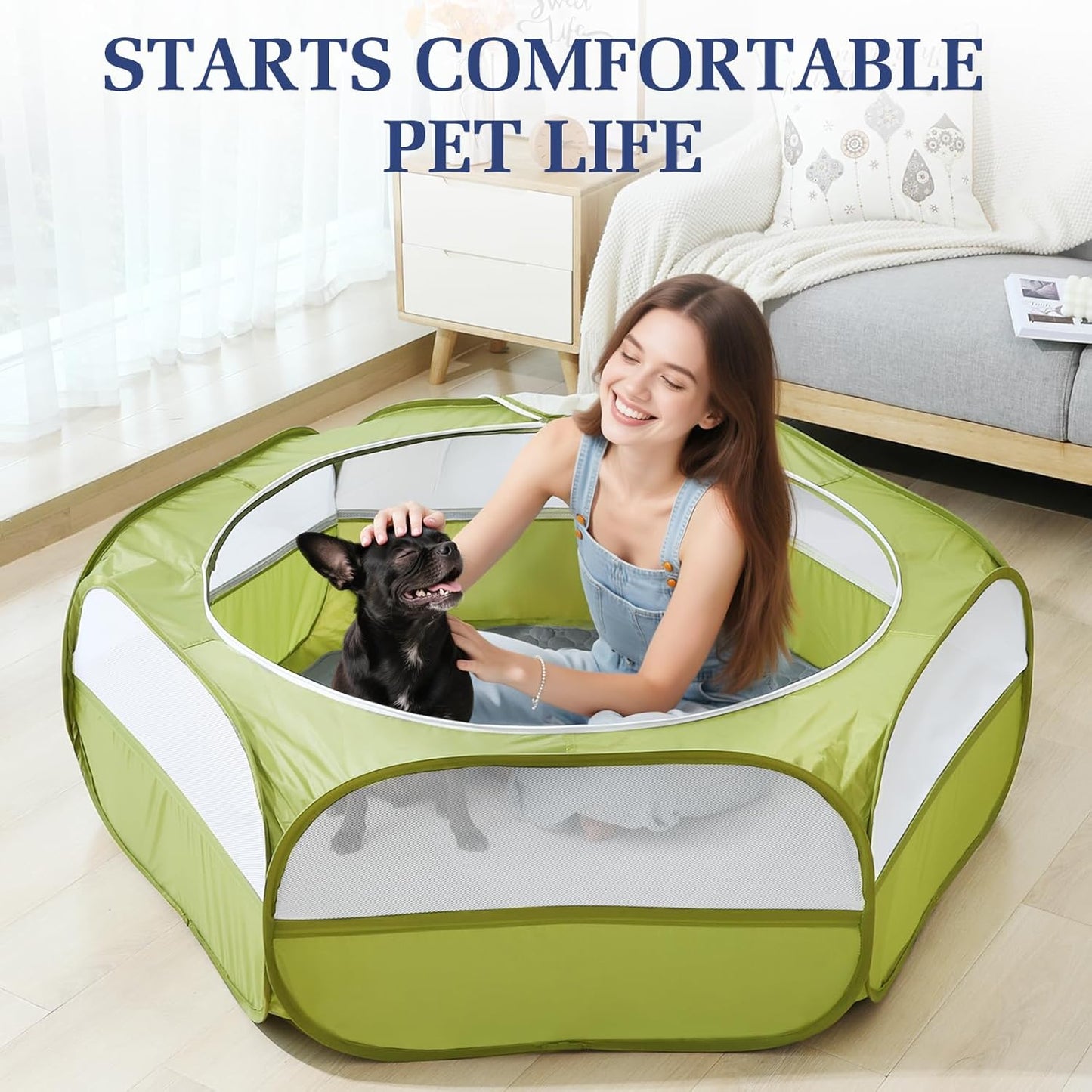 2-in-1 Small Animals Playpen with Pad, Waterproof Small Pet Cage Tent with Reusable Pad, Portable Outdoor Yard Fence with 3 Metal Rod for Chick/Kitten/Puppy/Guinea Pig/Rabbits/Chinchillas, Green