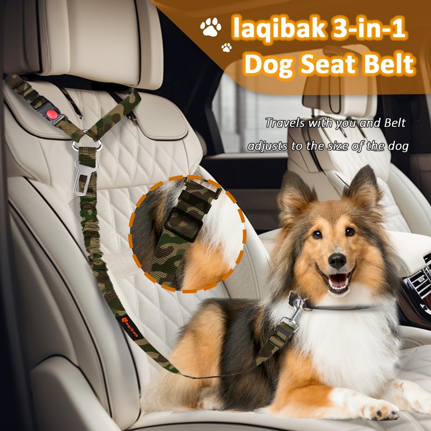 Removable Dog Seat Belt Harness for Car, 3 in 1 Pet Dog Car Seatbelt Leash, Retractable Restraint Secures to Vehicle Headrest & Adjustable Reflective Bungee Dog Seatbelt Tether, Camouflage