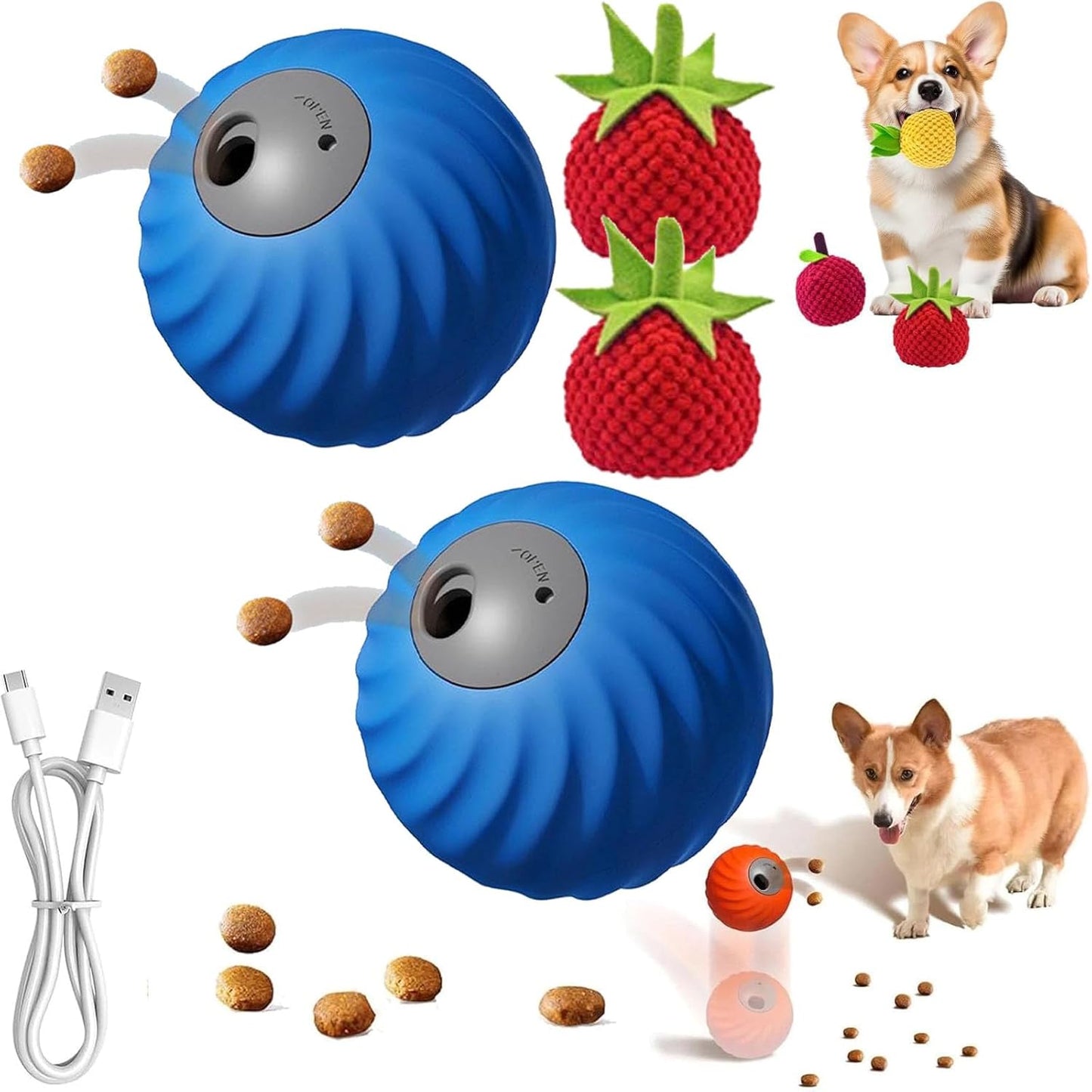 Zoomie Buddy 2.0, Zoomie Buddy for Dogs, 2 in 1 Smart Touch Interactive Dog Balls ＆ Pet Feeder, 2.83" Diameter, Suitable for Small/Medium Dogs, with Fruit Plush Cover (2*Blue, Tomato)