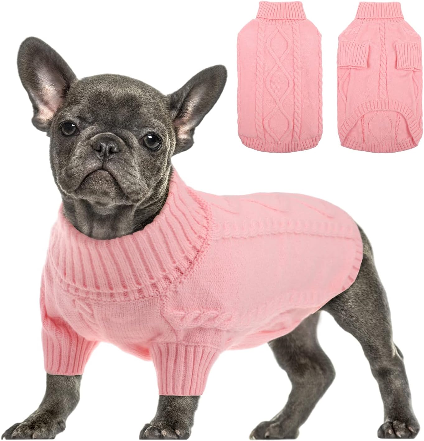 Queenmore Small Dog Pullover Sweater, Cold Weather Cable Knitwear, Classic Turtleneck Thick Warm Clothes for Chihuahua, Bulldog, Dachshund, Pug, Yorkie (Pink, Medium)